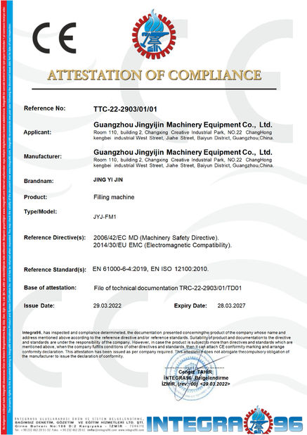 Chine Guangzhou Jingyijin Machinery Equipment Co., Ltd certifications