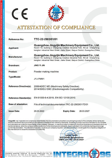 Chine Guangzhou Jingyijin Machinery Equipment Co., Ltd certifications